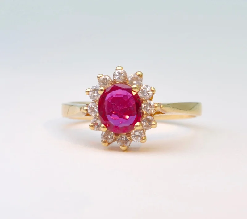 Java tile rings-14K yellow gold ring with one center Ruby and 12 surrounding Diamonds