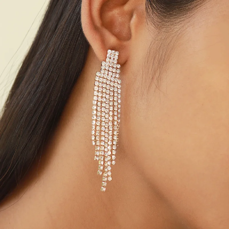 Tide motif earrings-Ayesha Contemporary White Diamante Crystal Studded Gold-Toned Long Tassel Drop Earrings