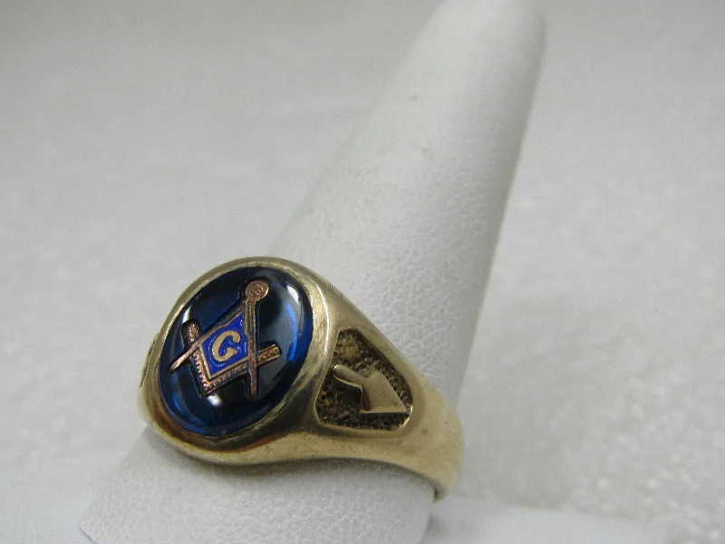 Flat bow rings-Vintage 10kt Masonic Ring, Blue Spinel, Sz. 12.5, Oval, Mid-Century