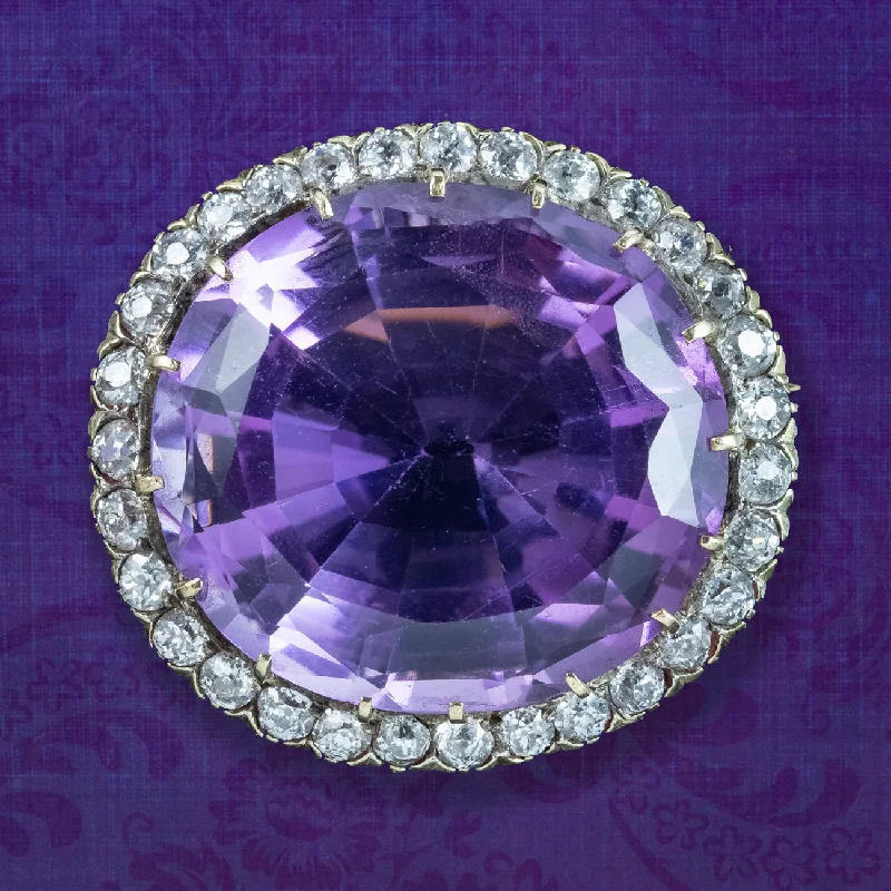 Polished silver brooch-Antique Victorian Amethyst Diamond Brooch 15ct Gold 28ct Amethyst