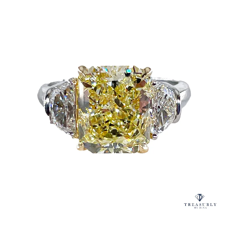 Vintage vow rings-Estate GIA 4.85ct Natural Fancy Yellow RADIANT 3 Stone Diamond Engagement Platinum 18K YG Ring