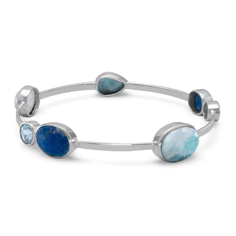 High gloss bangles-Sterling Silver Larimar, Blue Topaz, Aventurine and Rainbow Moonstone Bangle Bracelet