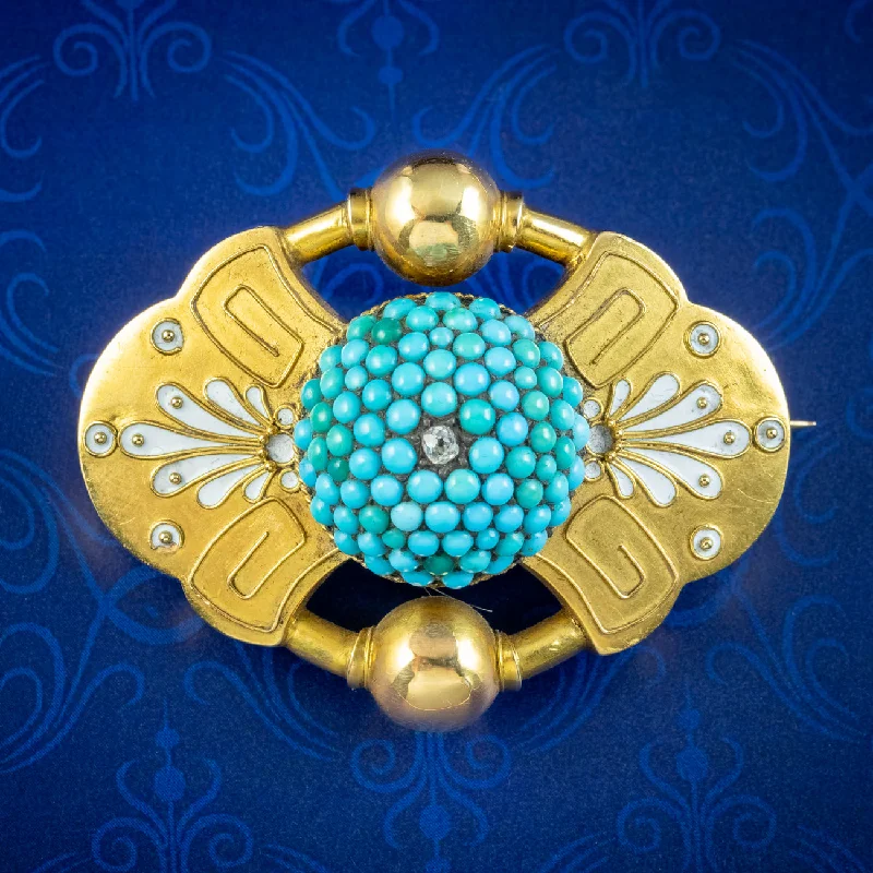 Wide bar brooch-Antique Victorian Etruscan Turquoise Diamond Mourning Brooch 18ct Gold