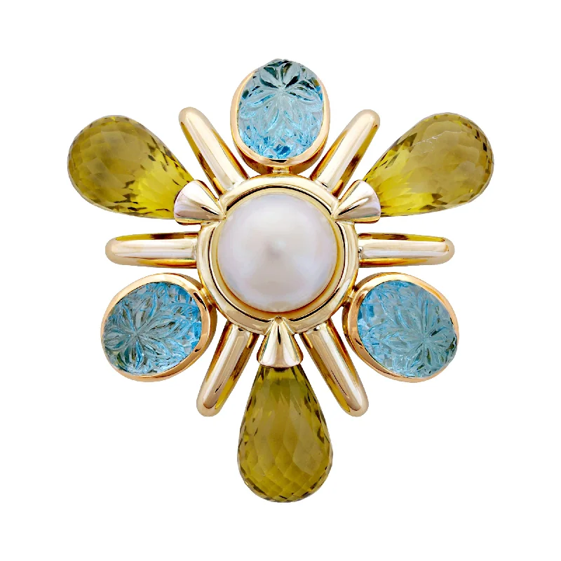 Sapphire gem brooch-Brooch- Blue Topaz, Lemon Quartz And Pearl