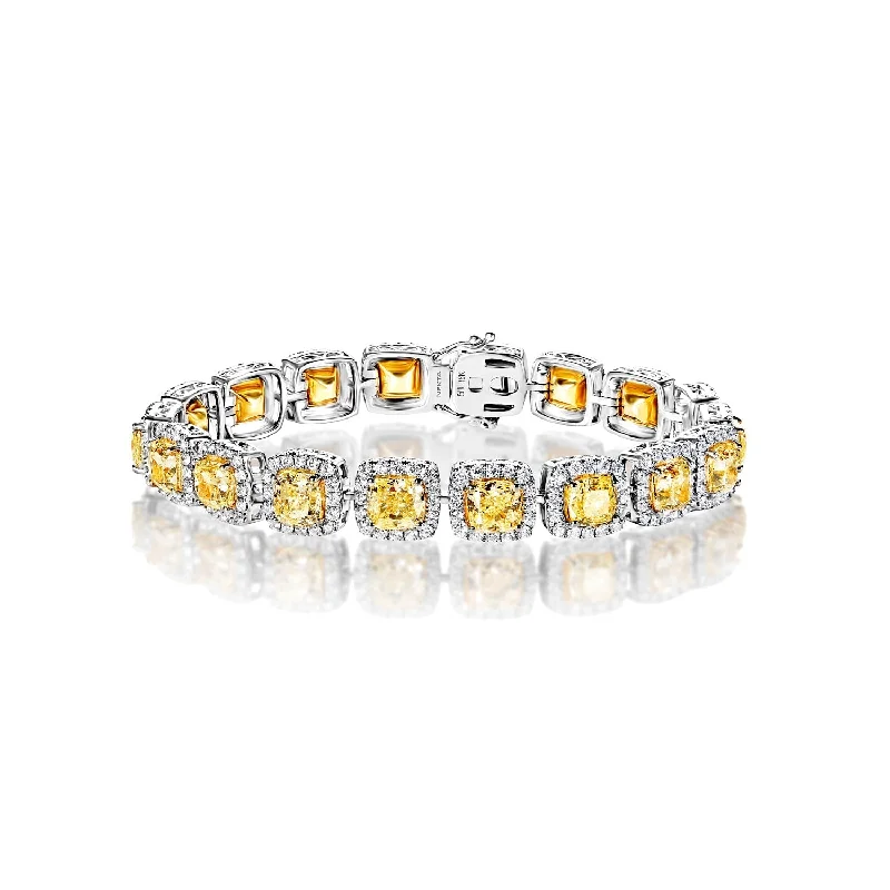 Tiny stack bangles-Charley 23 Carats Fancy Yellow Cushion Cut Single Row Diamond Tennis Bracelet in 18k White Gold