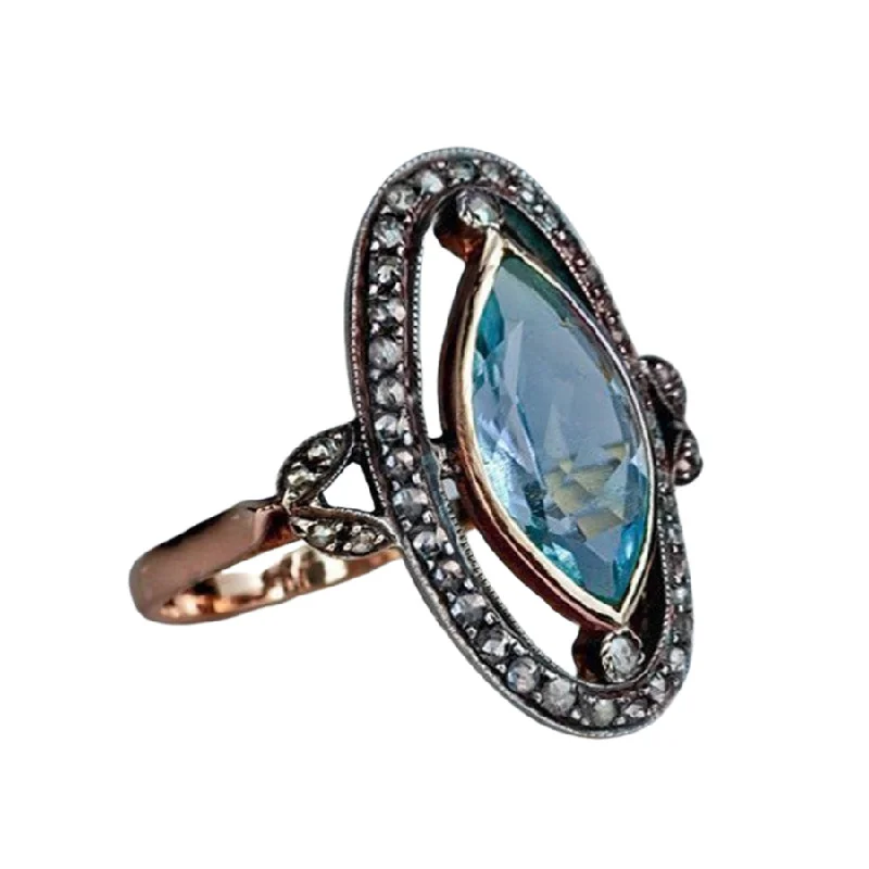 Turquoise gem rings-Faux Aquamarine Crystal and Marcasite Ring