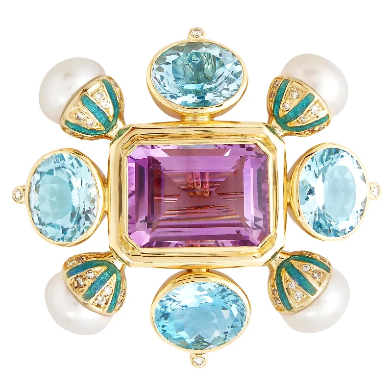 Secure pin brooch-Brooch- Amethyst,blue Topaz,pearl & Diamond (Enamel)