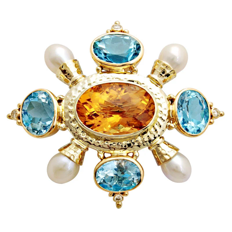 Curved gem brooch-Brooch-Citrine, Blue Topaz, Pearl and Diamond