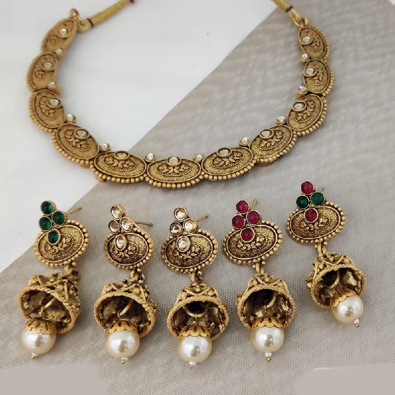 Woven tribal necklaces-Rani Sati Jewels Gold Plated Pota Stone Necklace Set