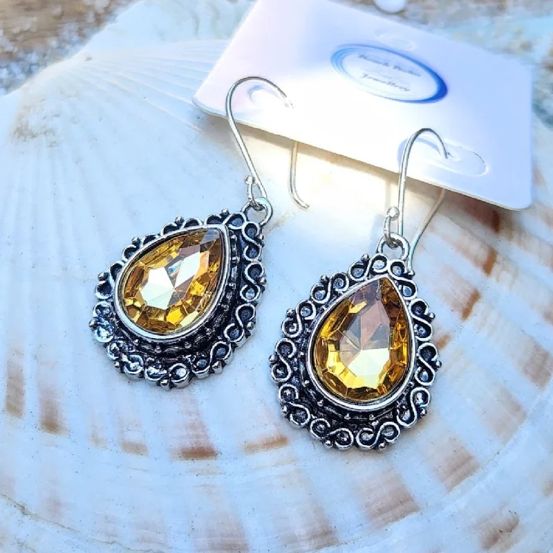 Wide hoop earrings-VINTAGE CITRINE GOLDEN  DROPS -  PURE SILVER HILLTRIBE HOOK EARRINGS