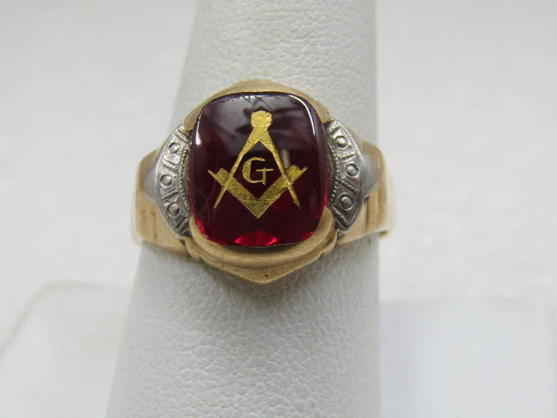 Retro charm rings-Vintage 10kt Masonic Ring, Created Ruby, Sz. 9.25, Signed IOFX, Two-Tone