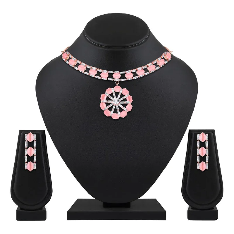 Boho bead necklaces-Mahi Rose Gold Plated Pink and White Cubic Zirconia (CZ) Floral Women's Necklace Set (NL1103818ZPin)