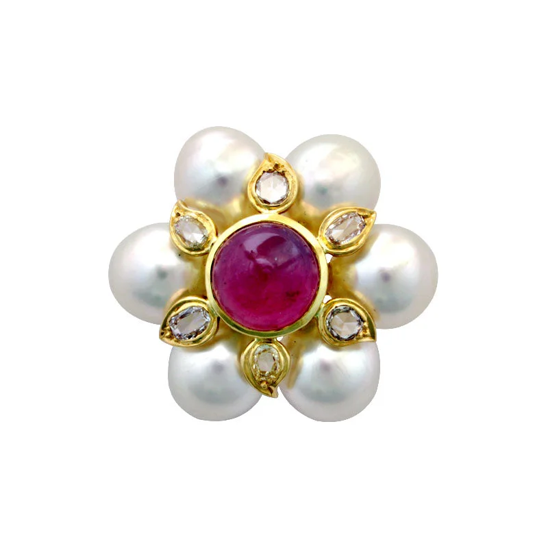 Bamboo motif brooch-Brooch-Rubellite, Pearl and Diamond