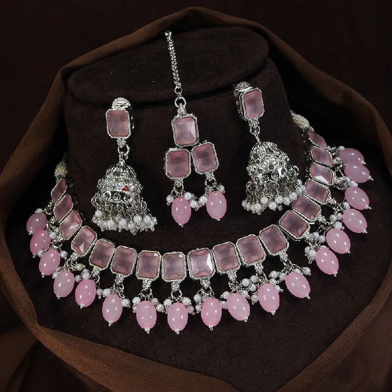 Warm wood necklaces-LALSO  Rhodium plated Necklace Jewelry Set With Maangtika