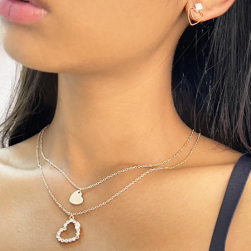 Curved art earrings-Set Of Two Heart & Diamante Rose Studded Layered Mini Pendant Gold-Toned Necklace & Earrings