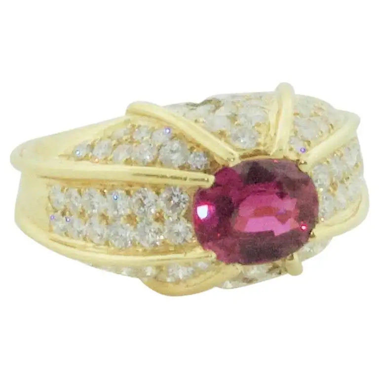 Leaf design rings-Domed Ruby and Diamond Ring in 18k Yellow Gold GIA No Heat