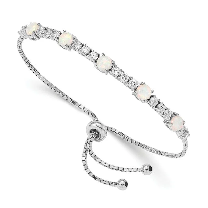 Pinch clasp bangles-Sterling Silver White Created Opal And CZ Adjustable Bolo Bracelet