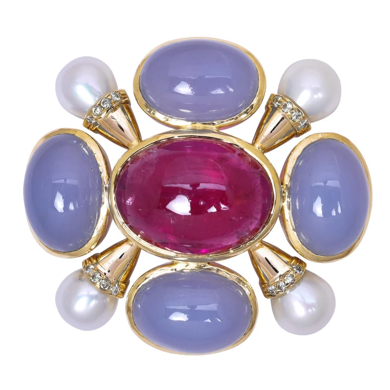 Bead cluster brooch-Brooch- Rubellite, Chalcedony, F.W. Pearl And Diamond