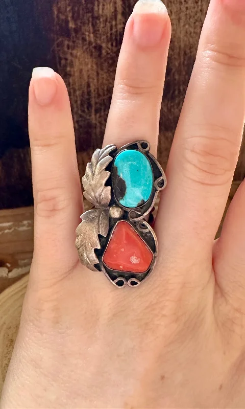 Joy charm rings-DOUBLE DECKER Silver Coral & Turquoise Ring • Size 4 1/4