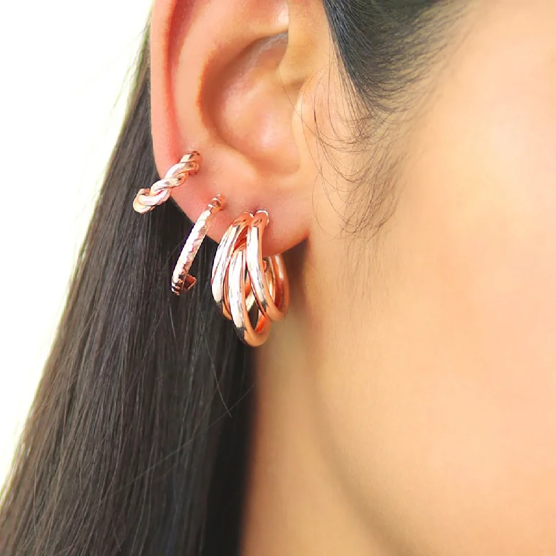 Thick tier earrings-Set Of 3 Rose-Gold Toned Mini Twisted, Textured & Chunky Layered Open-Hoop Earrings