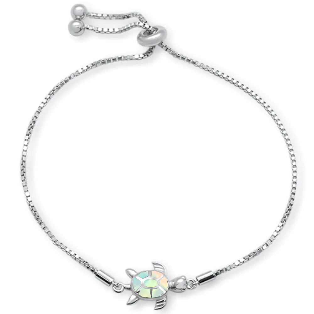 Tri-tone bangles-Sterling Silver White Opal Turtle Adjustable Bolo Bracelet