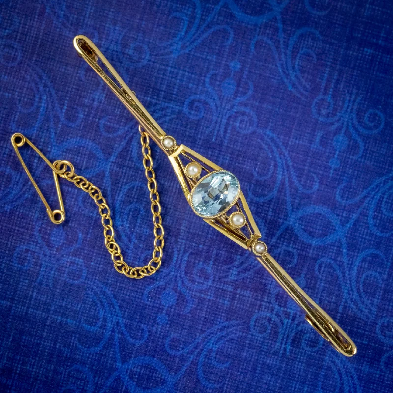 Stretch pin brooch-Art Deco Aquamarine Pearl Bar Brooch 15ct Gold Circa 1920