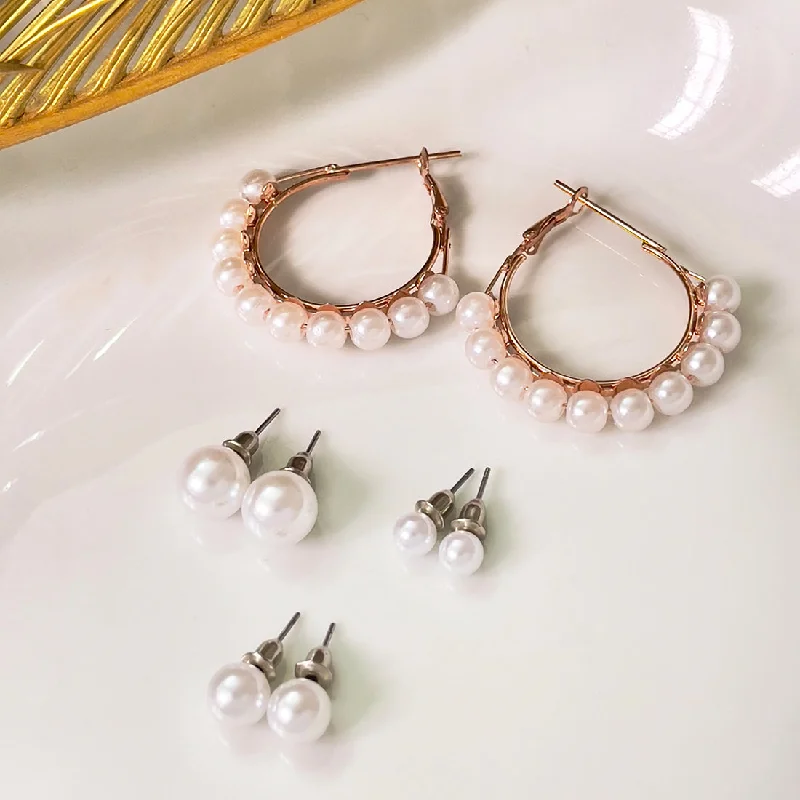 Trekker charm earrings-Set Of 4 Pearl Studs In Different Sizes & Rose Gold-Toned Pearl Studded Hoop Earrings