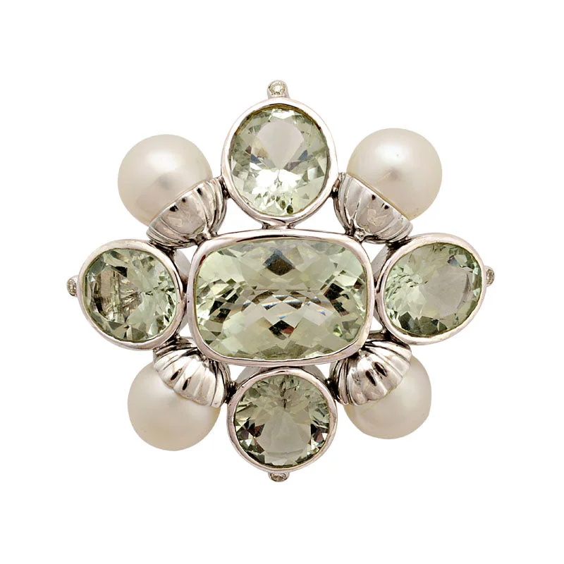 Lily design brooch-Brooch-Green Quartz, South Sea Pearl and Diamond