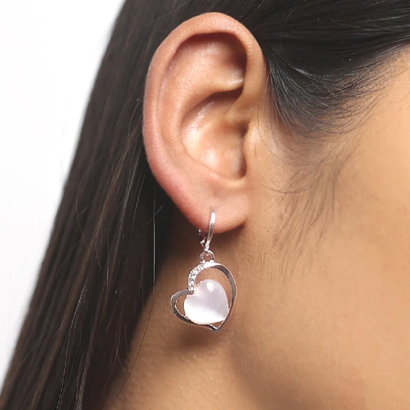 Lily charm earrings-Heart White Moonstone With Diamante Studs Rose Gold-Toned Hoop Drop Earrings