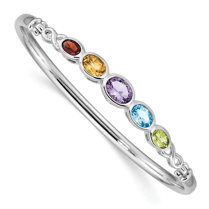 Solid stone bangles-Sterling Silver Peridot Blue Topaz Amethyst Citrine & Garnet Rainbow Bangle Bracelet