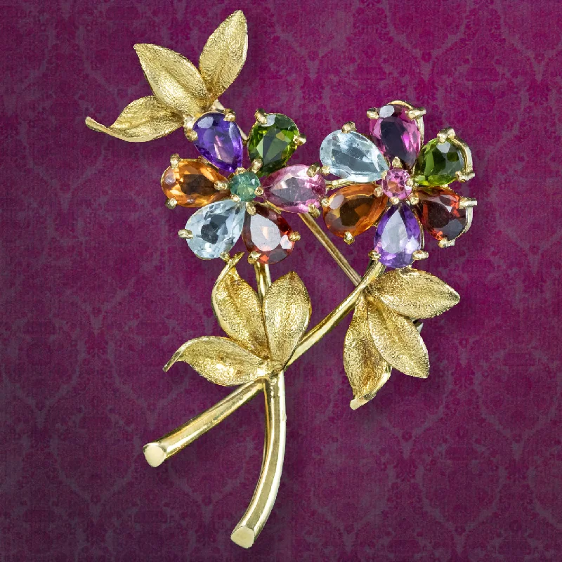 Retro deco brooch-Vintage Gemstone Flower Spray Brooch 18ct Gold