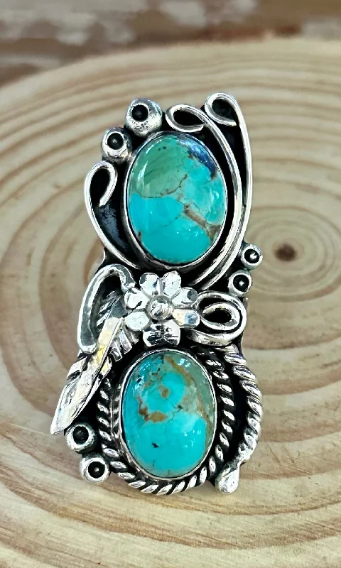 Light filigree rings-LITTLE C.R. Navajo, Dine'h Native Arts Turquoise Sterling Silver, Large Ring • Size 9 1/2