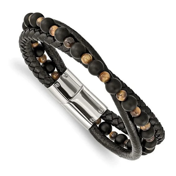 Tribal medallion bangles-Stainless Steel Polished Multi Strand Tiger's Eye and Black Agate Beaded Black Leather 8.25" Bracelet