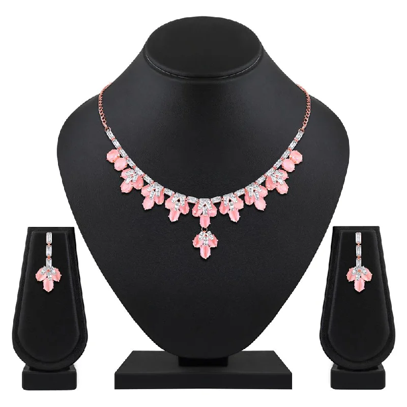 Fine thread necklaces-Mahi Rose Gold Plated Pink and White Cubic Zirconia (CZ) Floral Women's Necklace Set (NL1103815ZPin)