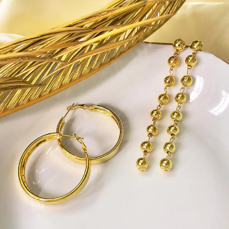 Trekker motif earrings-Set Of 2 Metallic Gold-Toned Long Circular Drop Earrings & Hoop Earrings