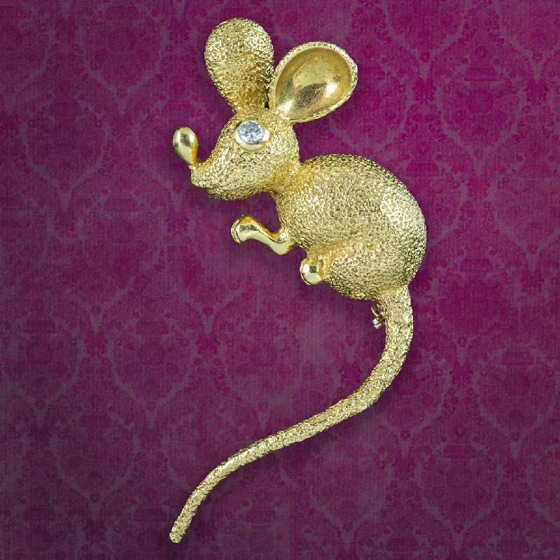 Braided motif brooch-Vintage Mouse Brooch 18ct Gold Diamond Eye