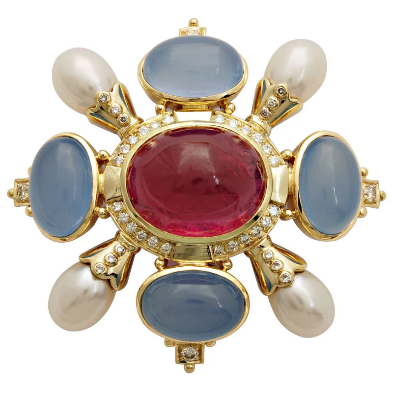 Citrine gem brooch-Brooch-Chalcedony, Pearl, Rubellite and Diamond