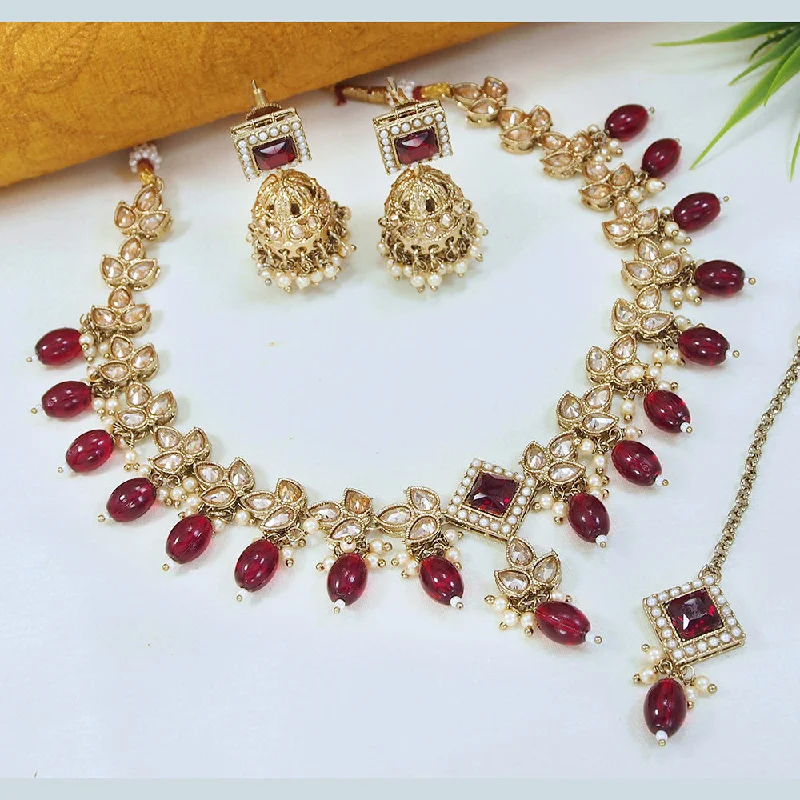 Curved gem necklaces-LALSO Marvelous Gold plated Zircon Work Necklace Jewelry Set With Maangtika