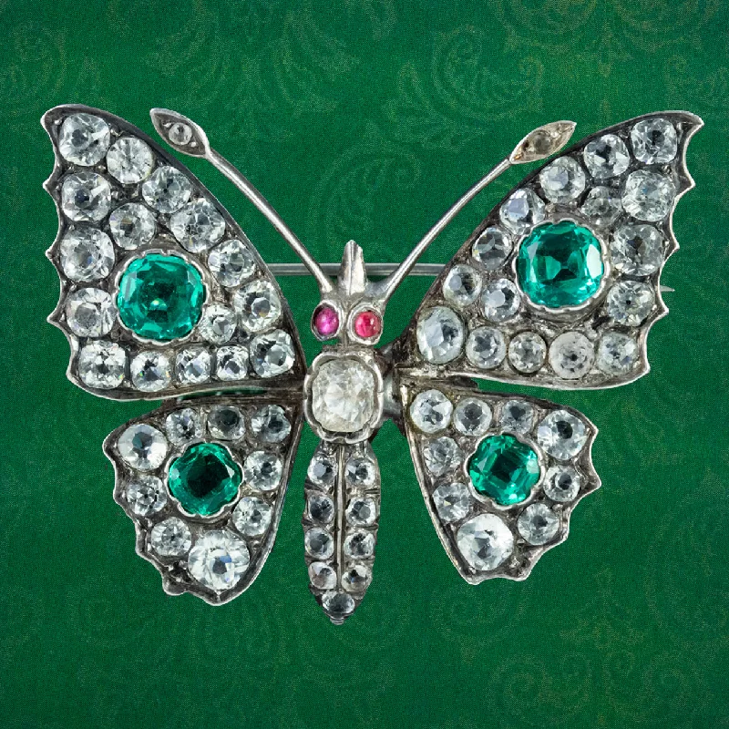 Small floral brooch-Antique Victorian Paste Stone Butterfly Brooch Silver