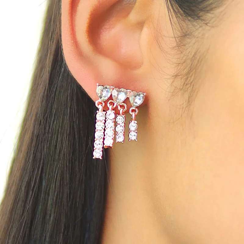 Glossy silver earrings-Rhinestone Diamante Studded Rose-Gold Toned Asymmetric Short Tassel Drop Earrings