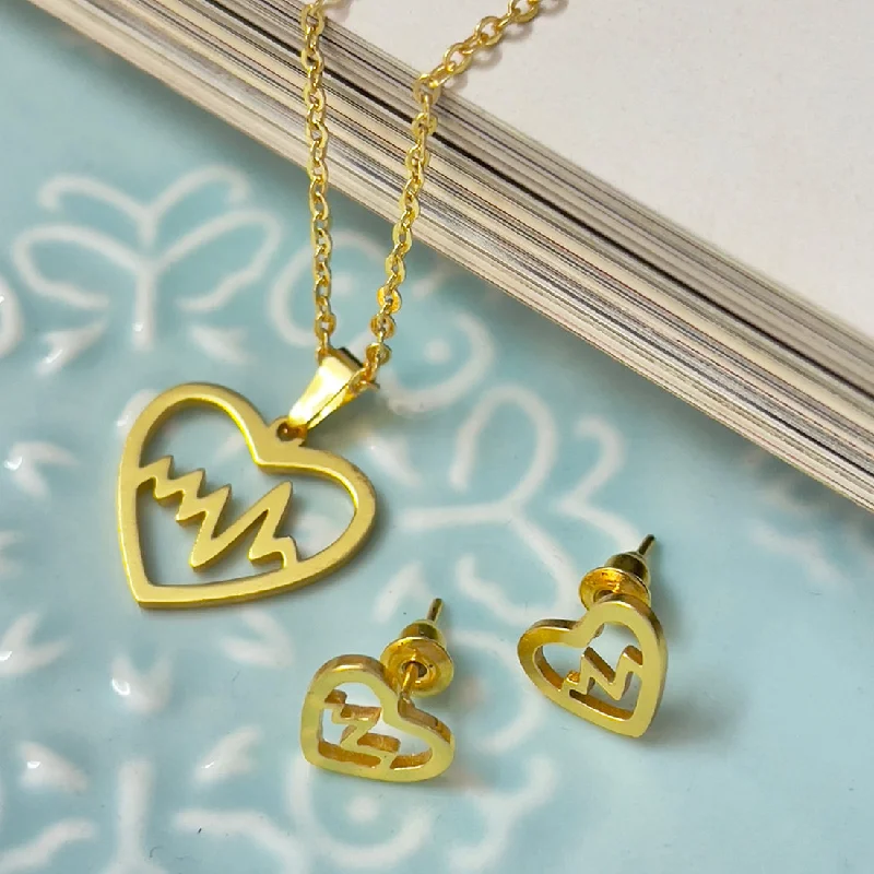 Smooth drop earrings-SET OF TWO HEARTBEAT GOLD-TONED PENDANT NECKLACE & EARRINGS SET