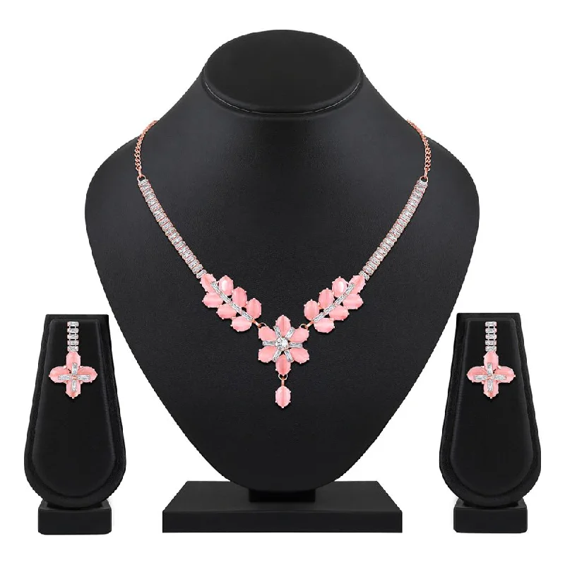 Lustrous pearl necklaces-Mahi Rose Gold Plated Pink and White Cubic Zirconia (CZ) Floral Women's Necklace Set (NL1103817ZPin)