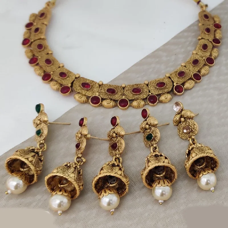 Leaf design necklaces-Rani Sati Jewels Gold Plated Pota Stone Necklace Set