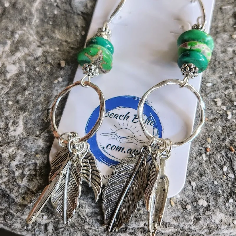 Subtle pearl earrings-NAVAJO STYLE - GREEN TURQUOISE SILVER LEAF HOOK EARRINGS