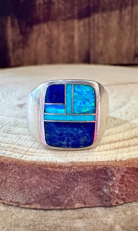 Bold gem rings-DEEP OCEAN Turquoise & Sterling Geometric Inlay Ring Mens • Size 10, 10 1/2