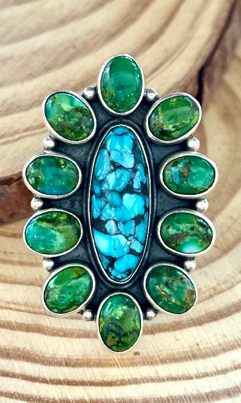 Gem stack rings-BLOOMING FLOWER Sterling Silver Blue & Green Turquoise Cluster Ring • Sizes 7 & 9 1/4