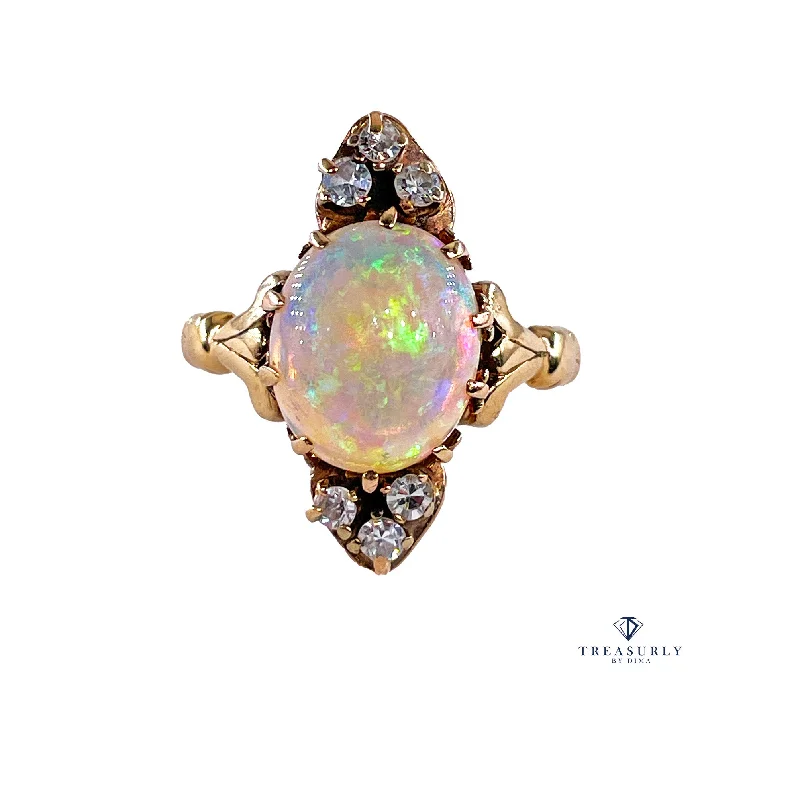 Stretch open rings-Victorian Antique 3.57ctw Opal Diamond 14K Yellow Gold Dinner Cocktail Ring