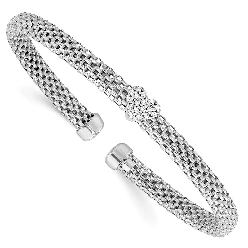 Pure link bangles-Sterling Silver Rhodium-plated Polished CZ Heart Mesh Cuff Bangle