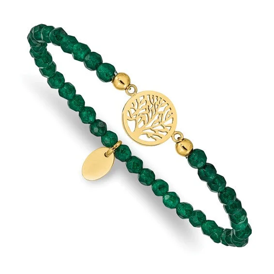 Radiant star bangles-Stainless Steel Gold Plated Tree of Life 4mm Green Jade Beaded Stretch Bracelet