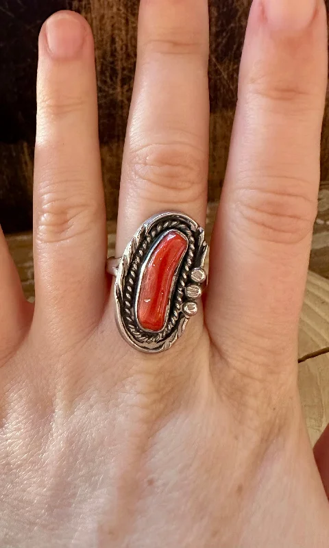 Mystic eye rings-SOUTHWEST CHARMER Vintage Sterling Silver & Red Coral Ring • Size 7 1/4